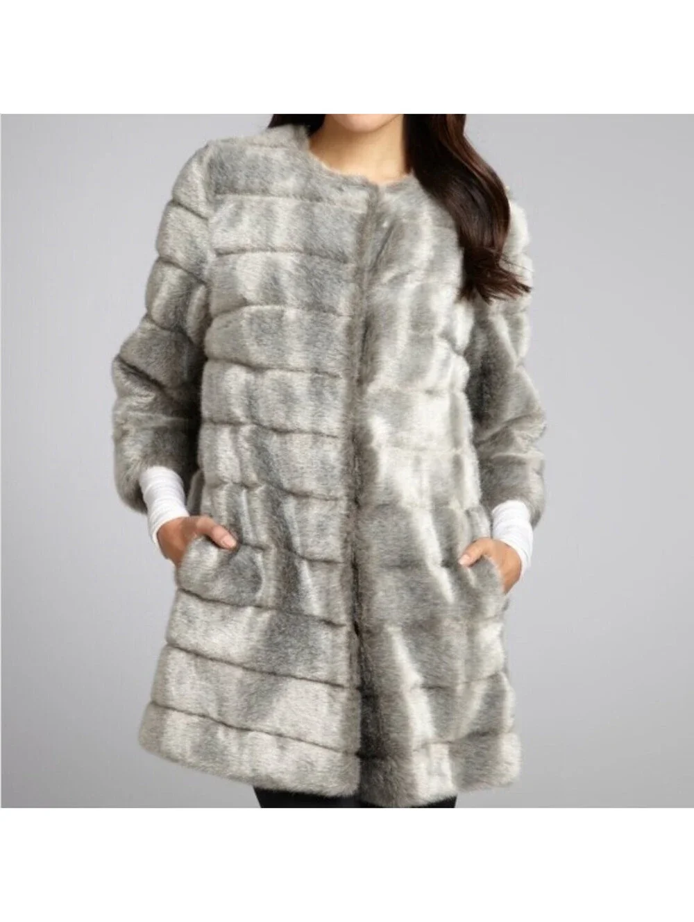 Sam Edelman Womens Large Faux Mink Fur Coat 3/4 Sleeve Cheetah Print Lining Gray